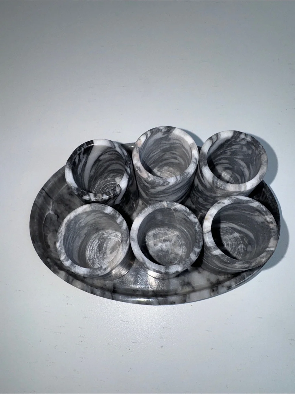 Vintage Gray Marble Six Cup Shot Glass Set with Oval Serving Tray – Hand Carved